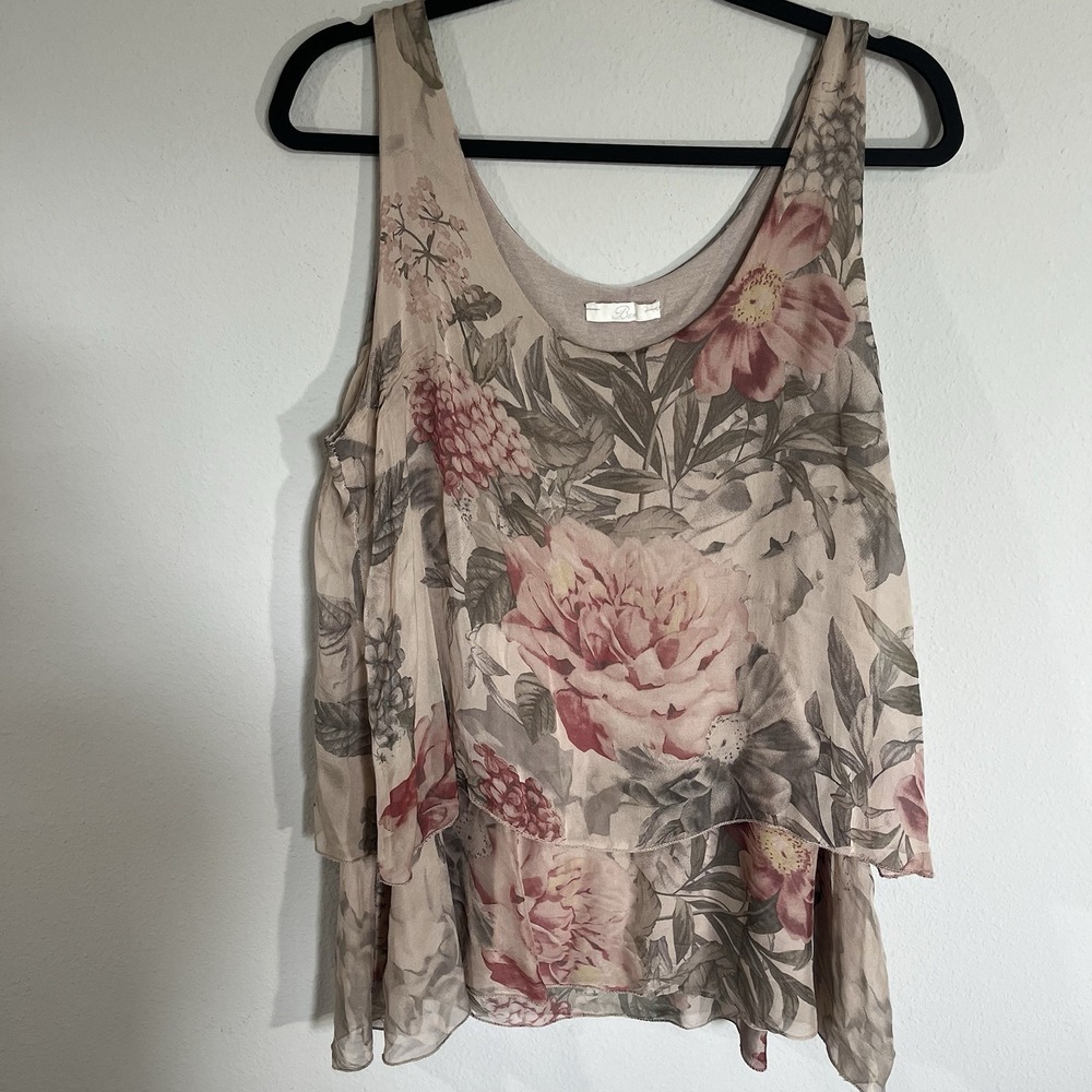 Baci 100% Silk Floral Tank Top Shirt Women's Large Coquette Romantic Layered